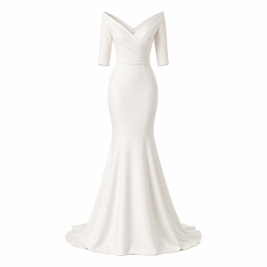 Ivory Off Shoulder Mermaid Wedding Dress - Elegant Sculpted Satin Bridal Gown