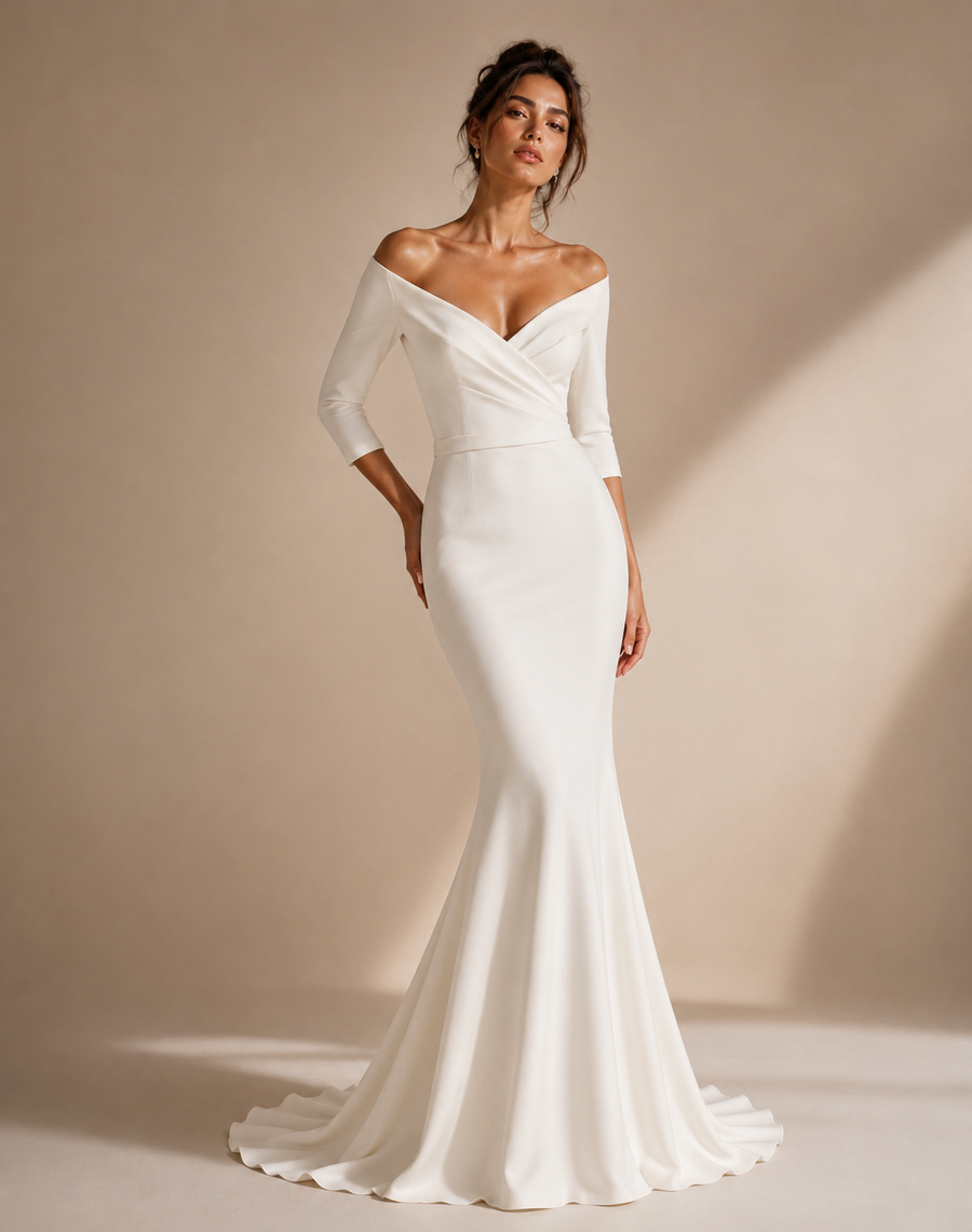 Ivory Off Shoulder Mermaid Wedding Dress - Elegant Sculpted Satin Bridal Gown