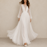 Ethereal Cross Back Chiffon Wedding Gown - Romantic Sheer Sleeve Bridal Maxi Dress