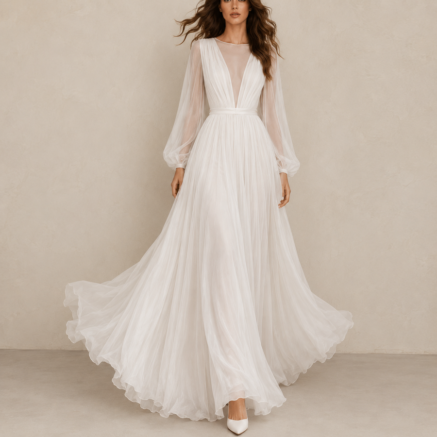 Ethereal Cross Back Chiffon Wedding Gown - Romantic Sheer Sleeve Bridal Maxi Dress
