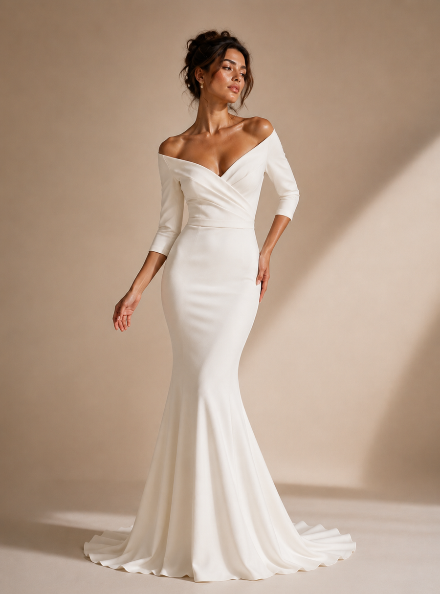 Ivory Off Shoulder Mermaid Wedding Dress - Elegant Sculpted Satin Bridal Gown