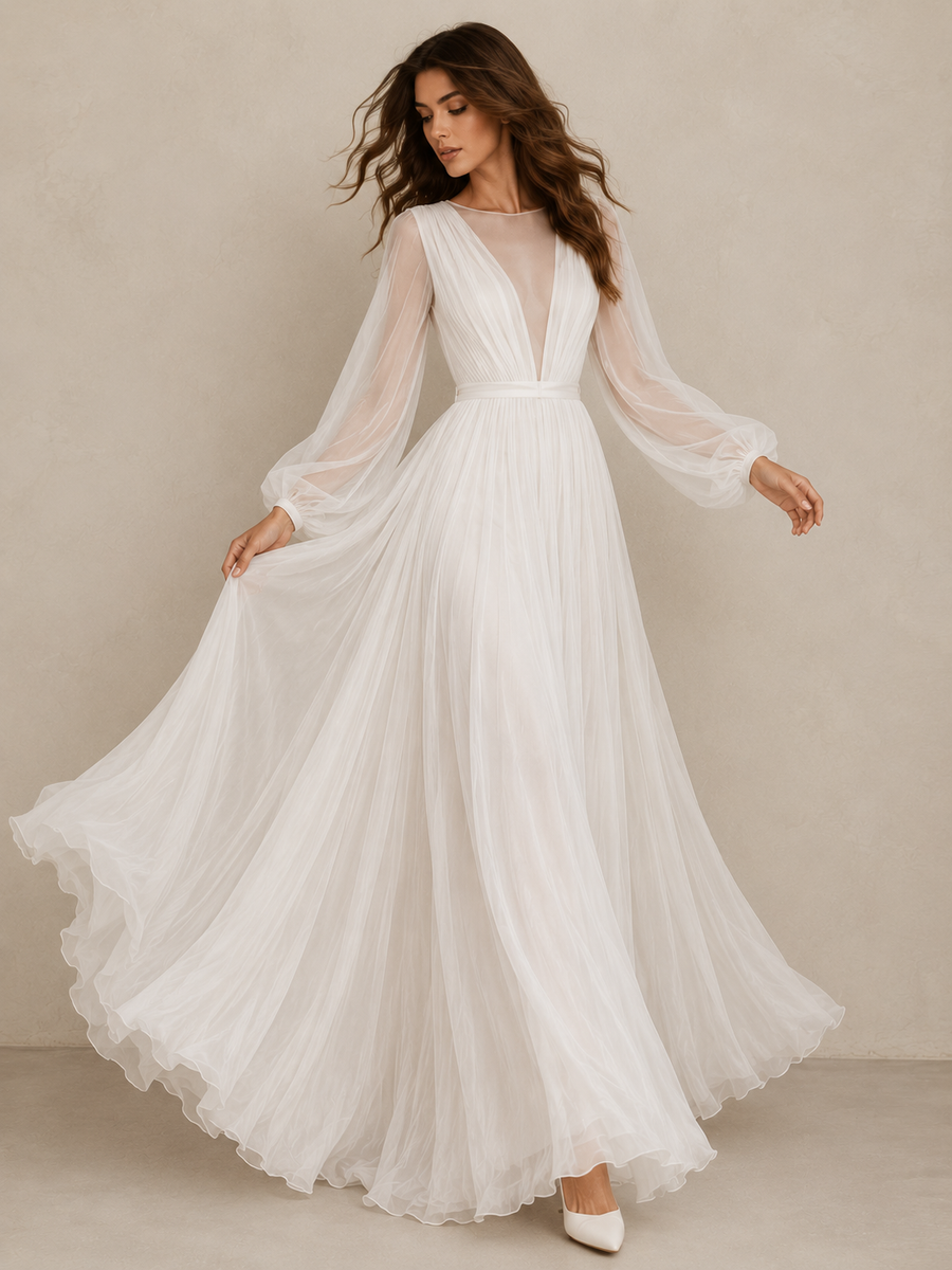 Ethereal Cross Back Chiffon Wedding Gown - Romantic Sheer Sleeve Bridal Maxi Dress