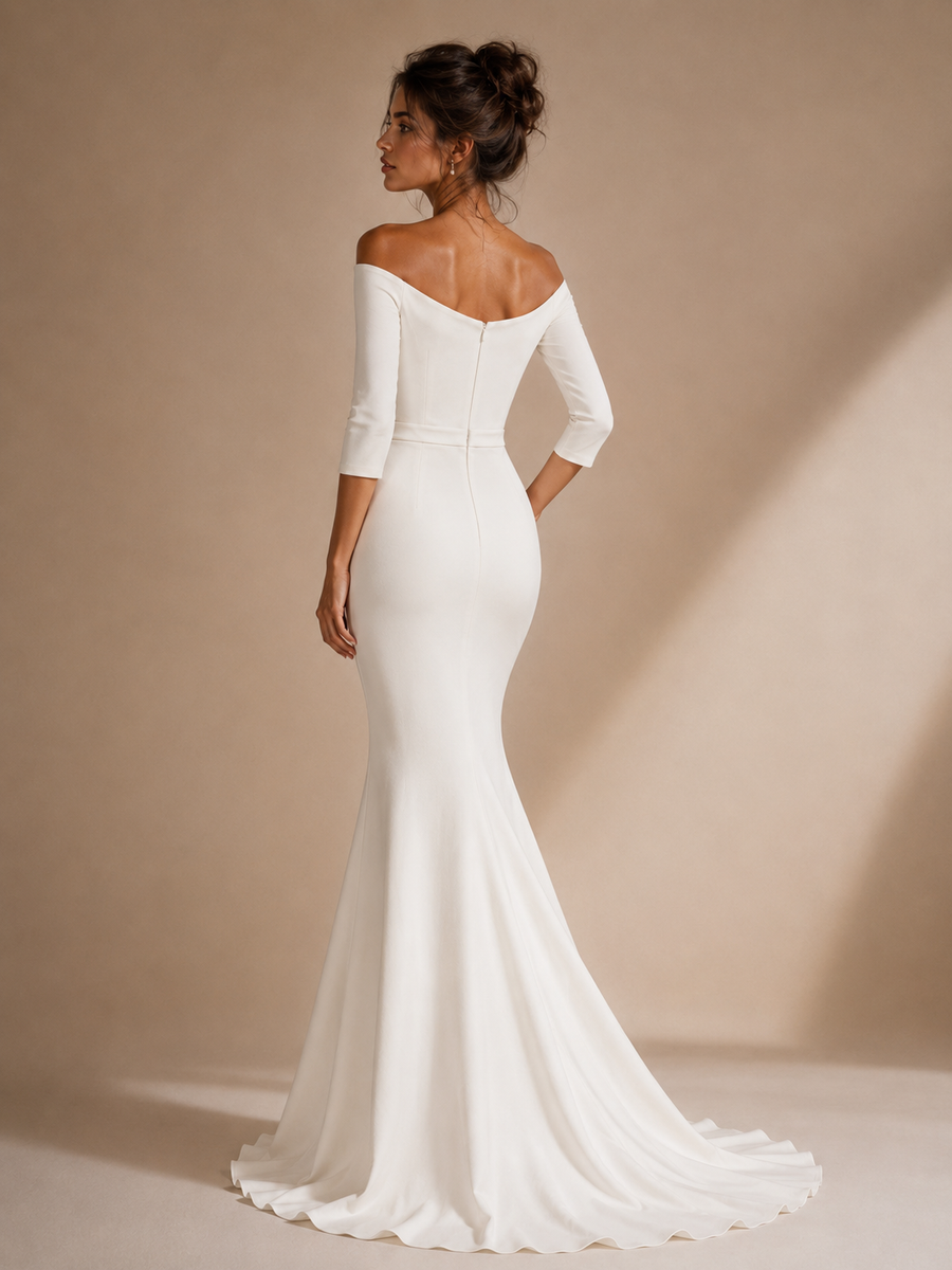 Ivory Off Shoulder Mermaid Wedding Dress - Elegant Sculpted Satin Bridal Gown