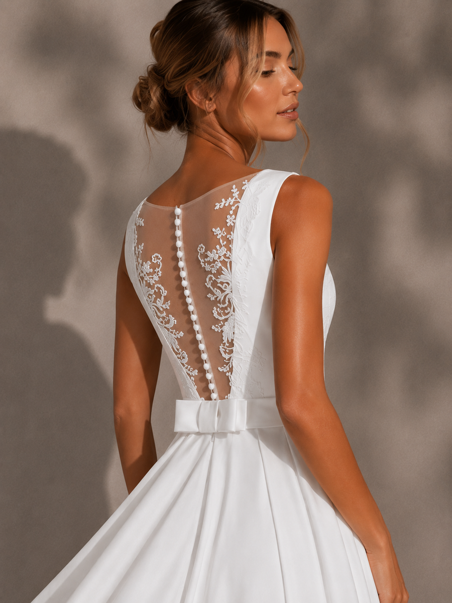 Ethereal Lace Back Bridal Gown - Timeless Satin Elegance with Floating Train
