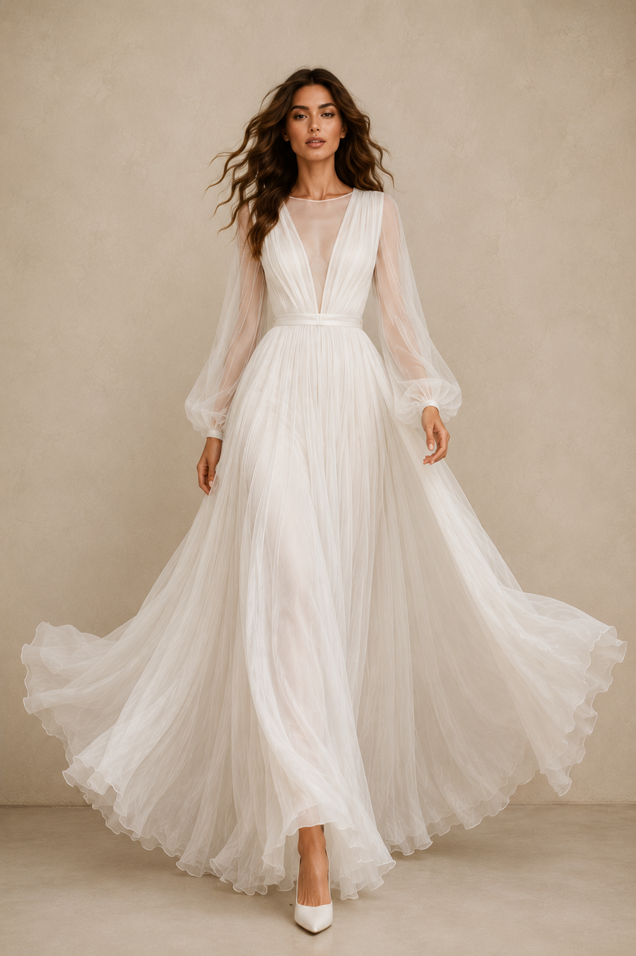 Ethereal Cross Back Chiffon Wedding Gown - Romantic Sheer Sleeve Bridal Maxi Dress