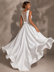 Ethereal Lace Back Bridal Gown - Timeless Satin Elegance with Floating Train