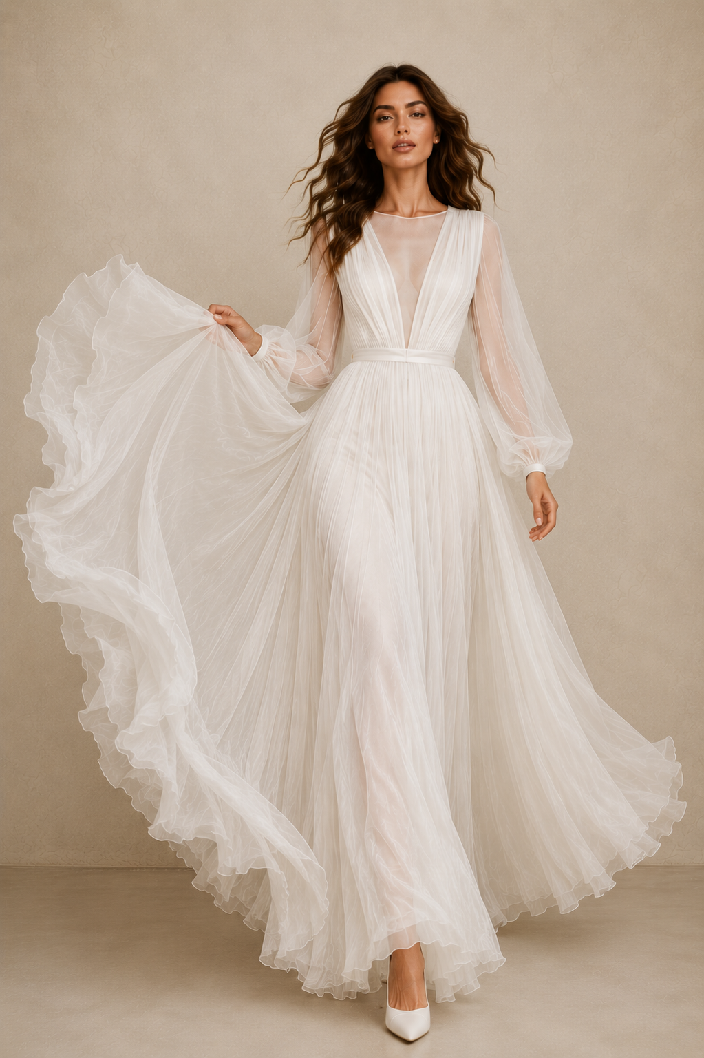 Ethereal Cross Back Chiffon Wedding Gown - Romantic Sheer Sleeve Bridal Maxi Dress