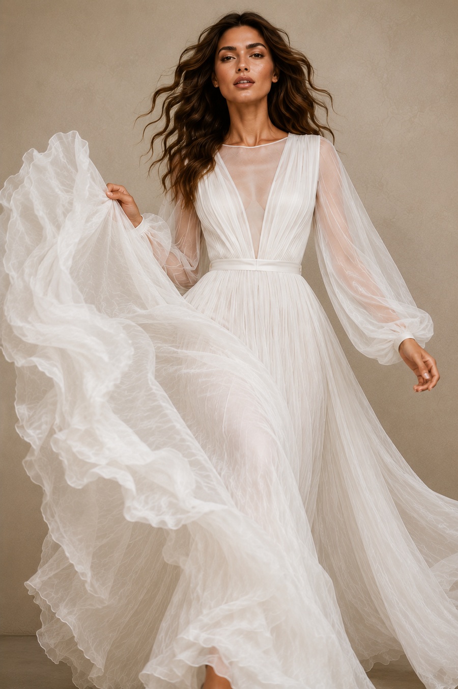 Ethereal Cross Back Chiffon Wedding Gown - Romantic Sheer Sleeve Bridal Maxi Dress