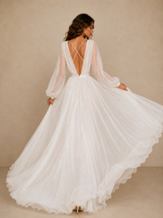 Ethereal Cross Back Chiffon Wedding Gown - Romantic Sheer Sleeve Bridal Maxi Dress