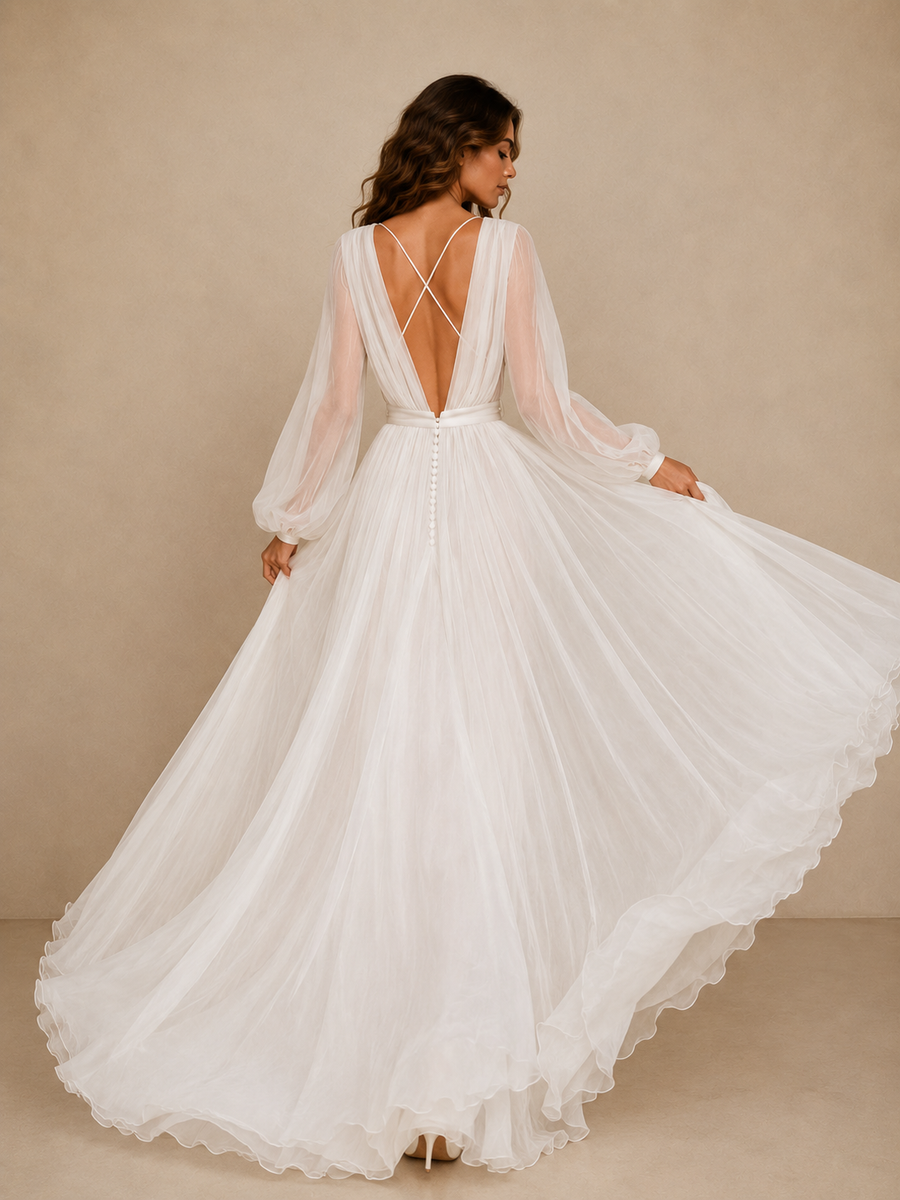 Ethereal Cross Back Chiffon Wedding Gown - Romantic Sheer Sleeve Bridal Maxi Dress