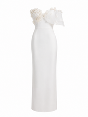 Ivory satin strapless luxury off shoulder wedding dress with 3D floral appliqués and minimalist sheath silhouette