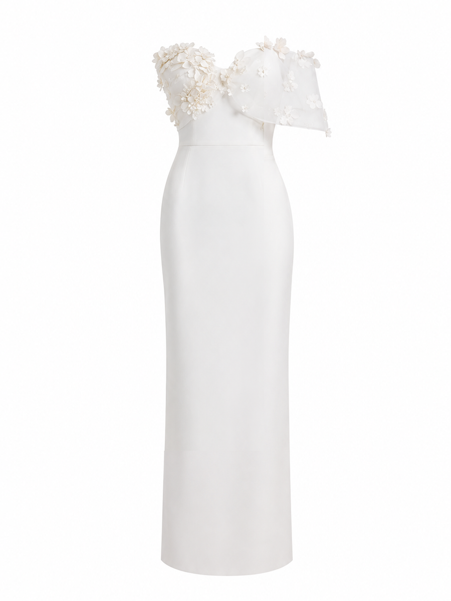 Ivory satin strapless luxury off shoulder wedding dress with 3D floral appliqués and minimalist sheath silhouette
