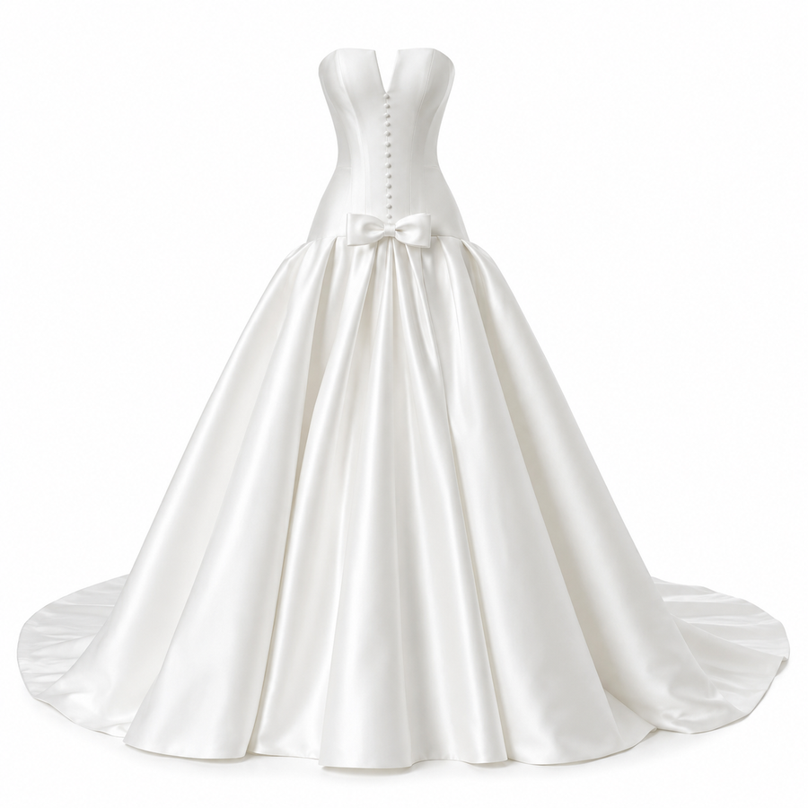 Ivory Sculpted Satin Bridal Gown - Elegant Back Train Corset Wedding Dress