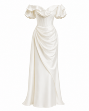 Ivory Off Shoulder Satin Gown - Couture Draped Corset Evening Dress