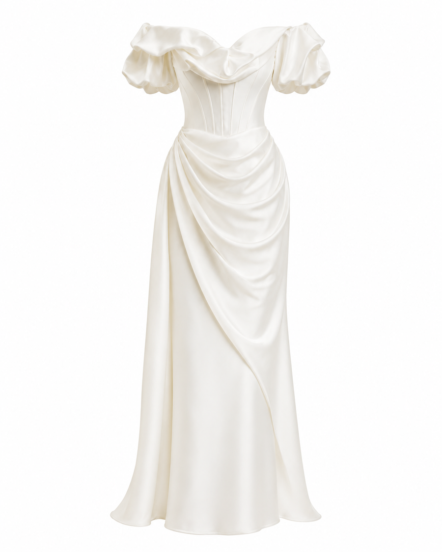 Ivory Off Shoulder Satin Gown - Couture Draped Corset Evening Dress