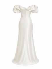 Ivory Off Shoulder Satin Gown - Couture Draped Corset Evening Dress