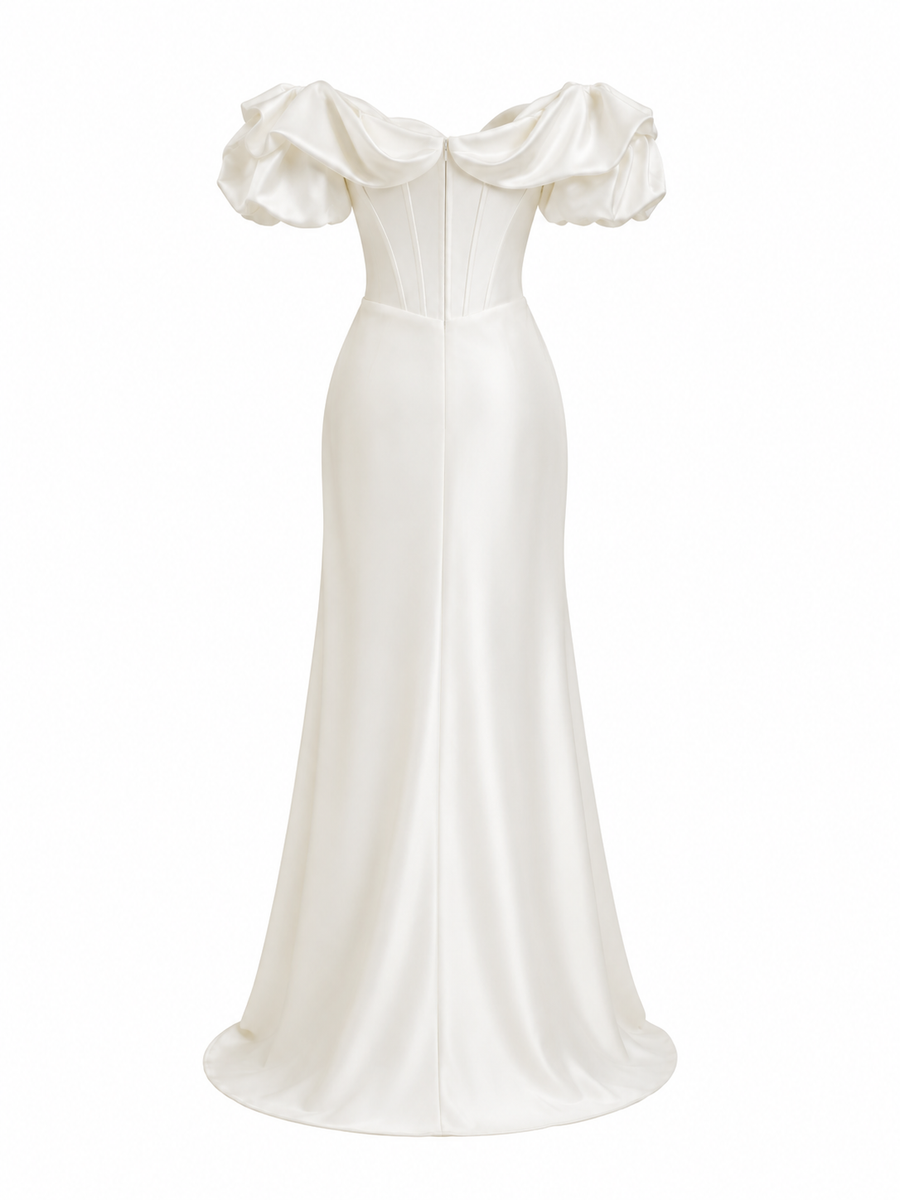 Ivory Off Shoulder Satin Gown - Couture Draped Corset Evening Dress