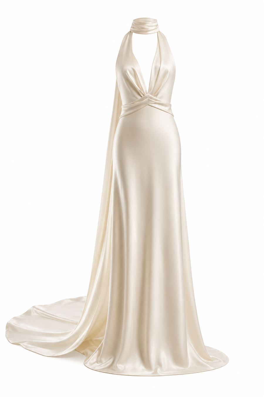 Ivory Satin Halter Gown - Draped Open Back Evening Dress