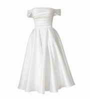 Elegant off shoulder satin wedding guest dress with lace-up back and front slit midi skirt