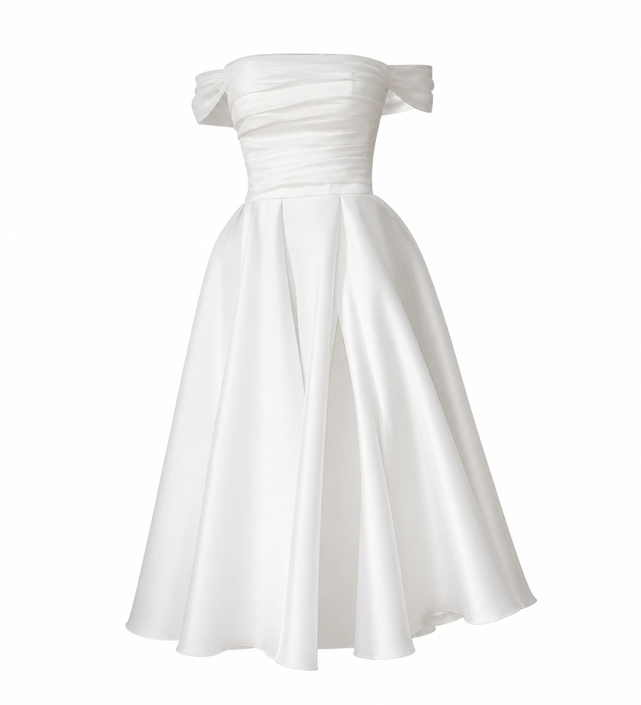 Elegant off shoulder satin wedding guest dress with lace-up back and front slit midi skirt