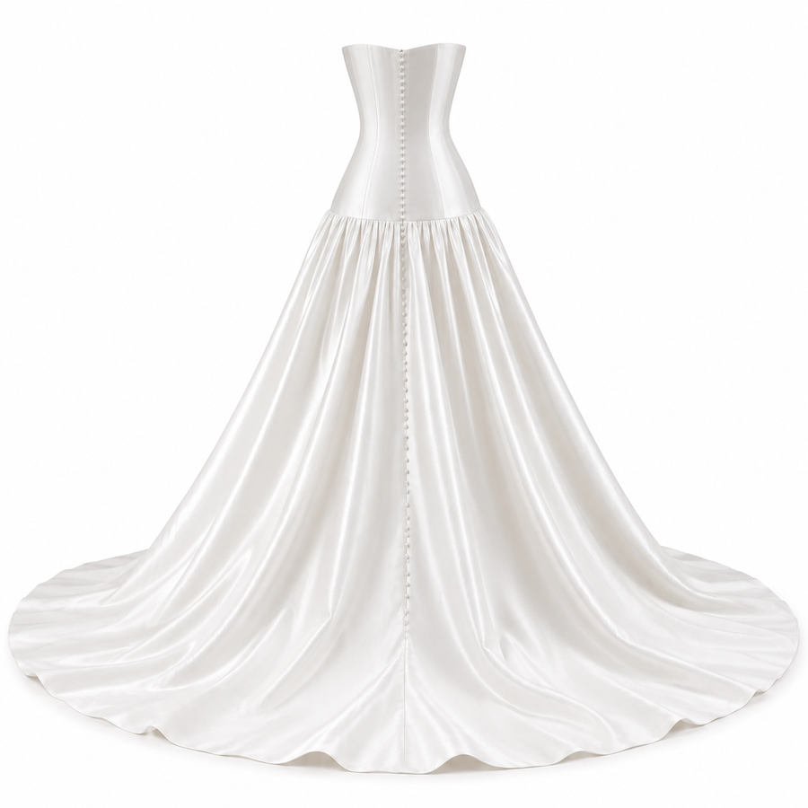 Ivory Sculpted Satin Bridal Gown - Elegant Back Train Corset Wedding Dress