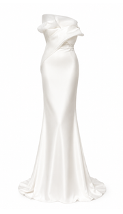 Ivory sculpted satin mermaid wedding dress with organza folded bust and floor-length train