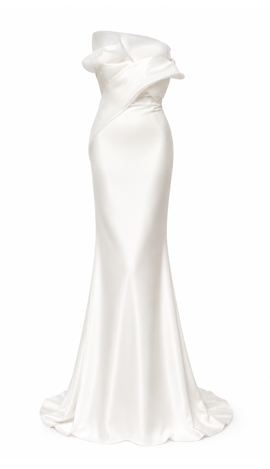 Ivory sculpted satin mermaid wedding dress with organza folded bust and floor-length train