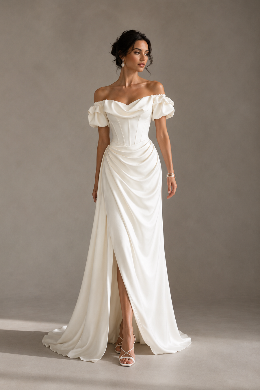 Ivory Off Shoulder Satin Gown - Couture Draped Corset Evening Dress
