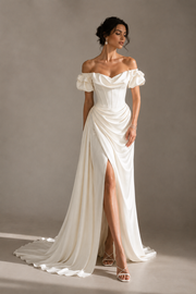 Ivory Off Shoulder Satin Gown - Couture Draped Corset Evening Dress