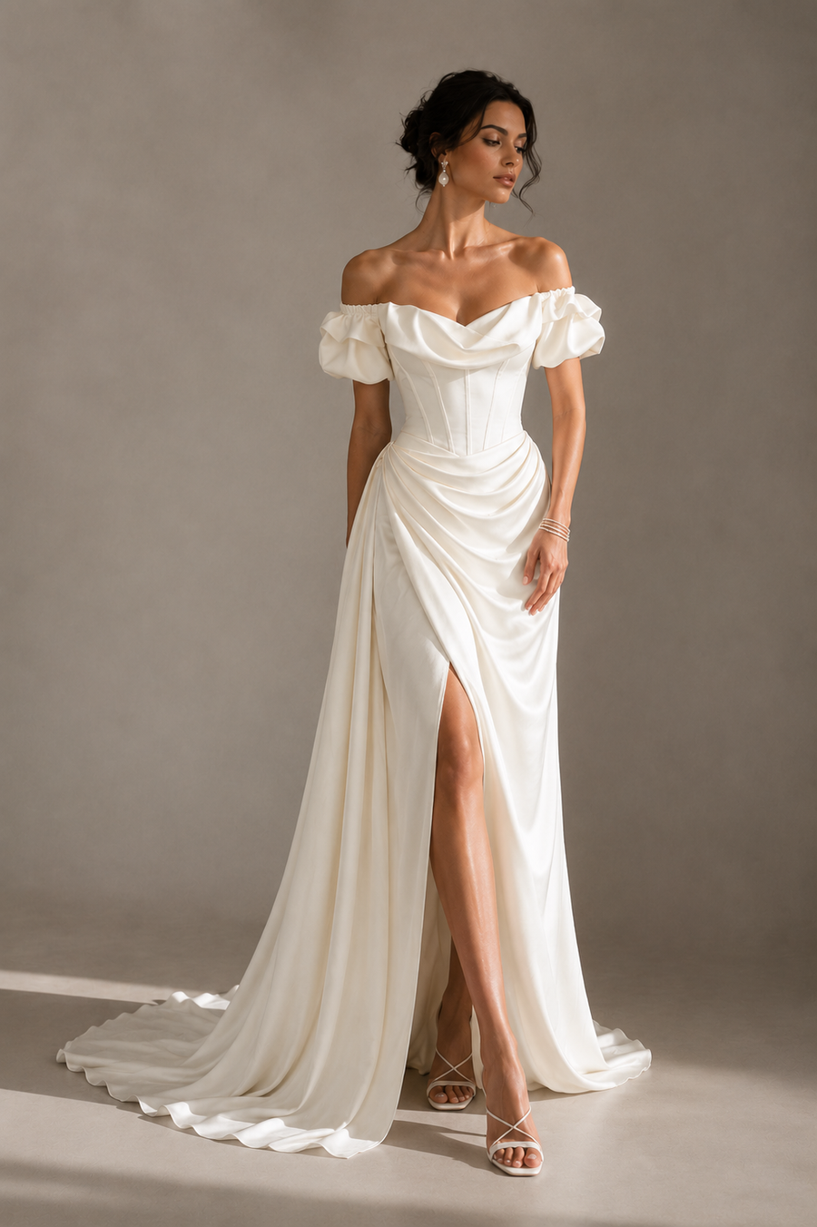 Ivory Off Shoulder Satin Gown - Couture Draped Corset Evening Dress