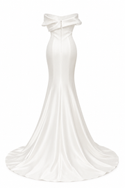 Ivory sculpted satin mermaid wedding guest dress with organza folded bust and floor-length train