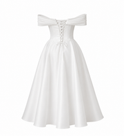 Off shoulder satin bridal midi dress with lace-up back and pleated bodice