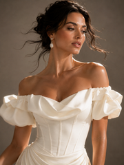 Ivory Off Shoulder Satin Gown - Couture Draped Corset Evening Dress
