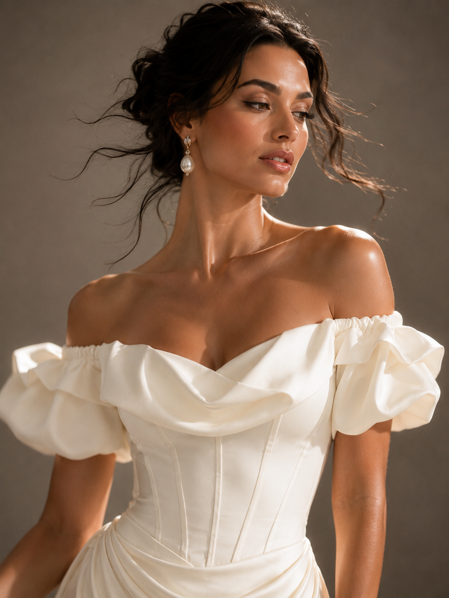 Ivory Off Shoulder Satin Gown - Couture Draped Corset Evening Dress