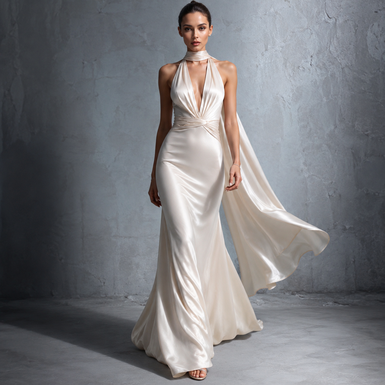 Ivory Satin Halter Gown - Draped Open Back Evening Dress
