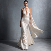 Ivory Satin Halter Gown - Draped Open Back Evening Dress