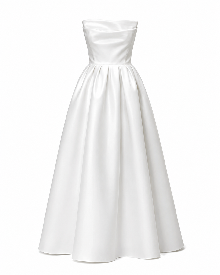 Elegant satin strapless wedding dress with sculpted bodice and full skirt in minimalist bridal style