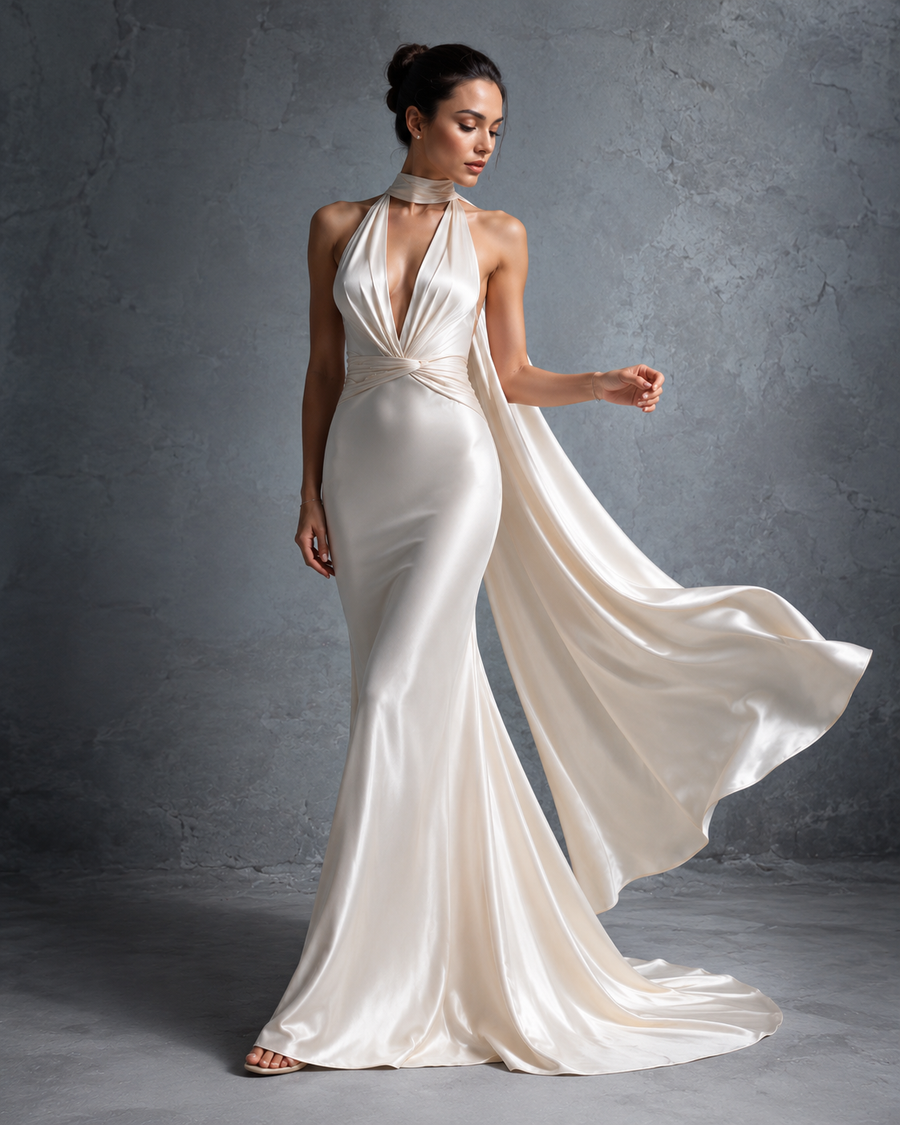 Ivory Satin Halter Gown - Draped Open Back Evening Dress