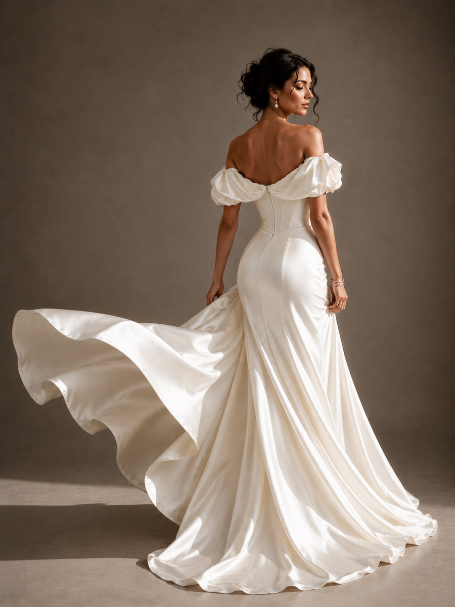 Ivory Off Shoulder Satin Gown - Couture Draped Corset Evening Dress