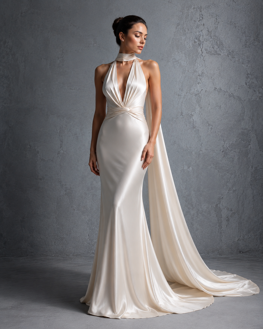 Ivory Satin Halter Gown - Draped Open Back Evening Dress