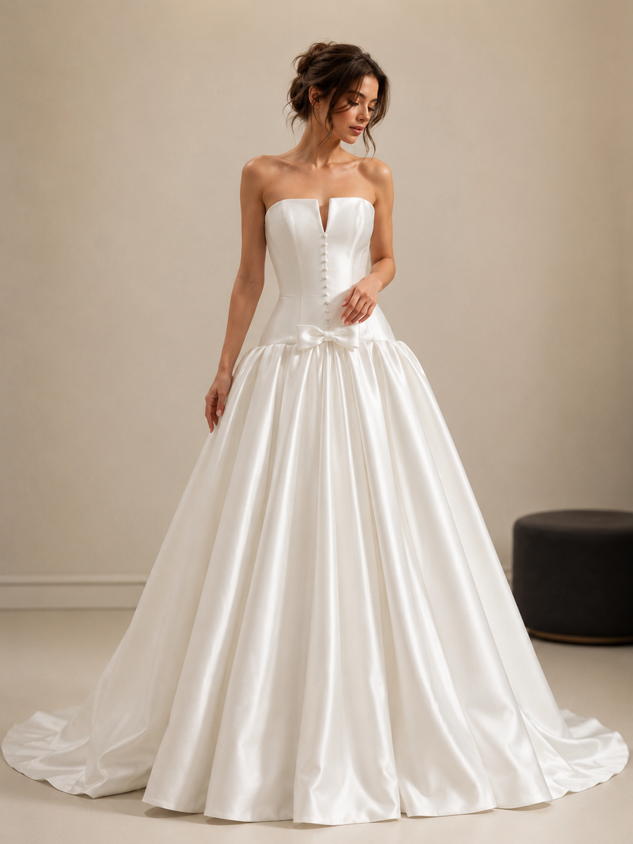Ivory Sculpted Satin Bridal Gown - Elegant Back Train Corset Wedding Dress