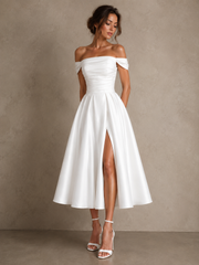 Elegant off shoulder satin wedding guest dress with lace-up back and midi skirt