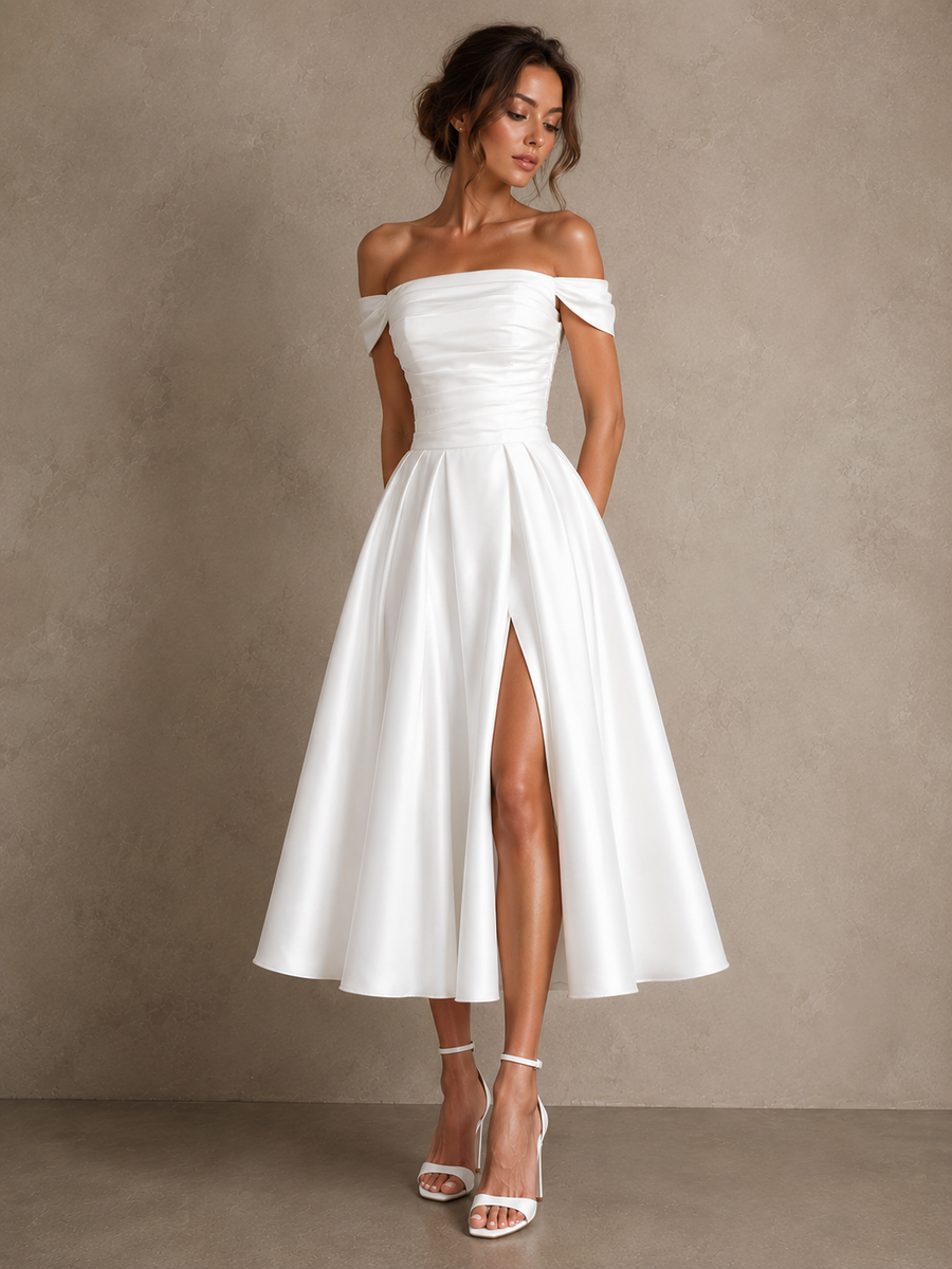 Elegant off shoulder satin wedding guest dress with lace-up back and midi skirt
