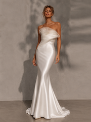 Ivory sculpted satin mermaid wedding dress with organza folded bust and floor-length train