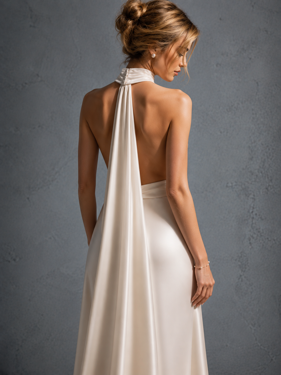 Ivory Satin Halter Gown - Draped Open Back Evening Dress