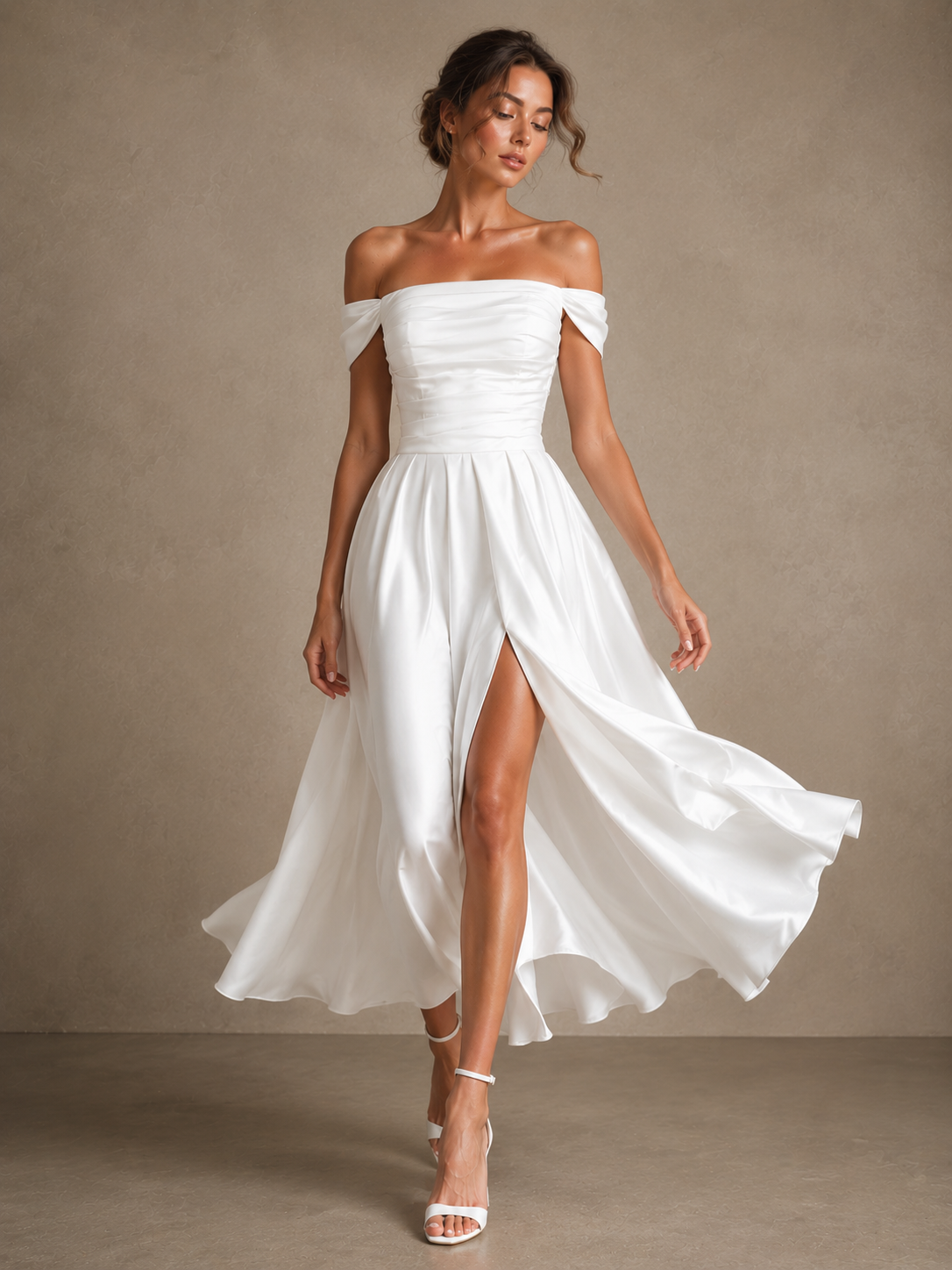 Off Shoulder Satin Bridal Midi Dress - Elegant Lace-Up Back Wedding Reception Gown
