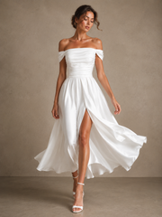 Elegant off shoulder satin wedding guest dress with lace-up back and midi skirt front slit