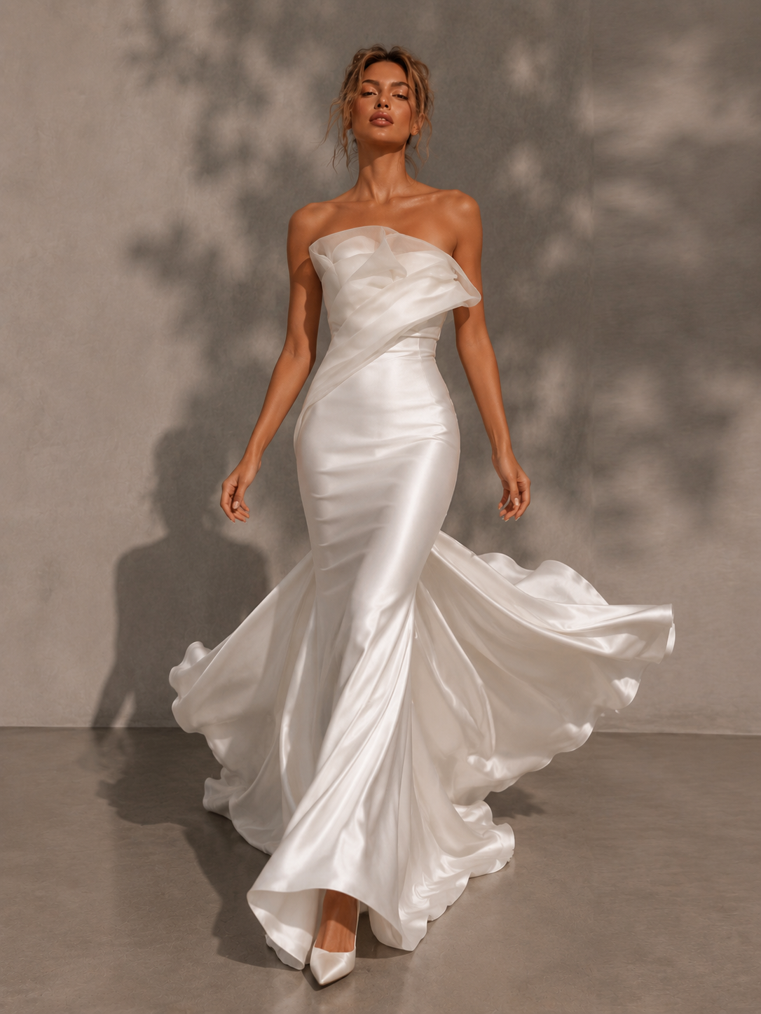 Ivory Sculpted Satin Mermaid Gown - Couture Organza Folded Bust Bridal Dress