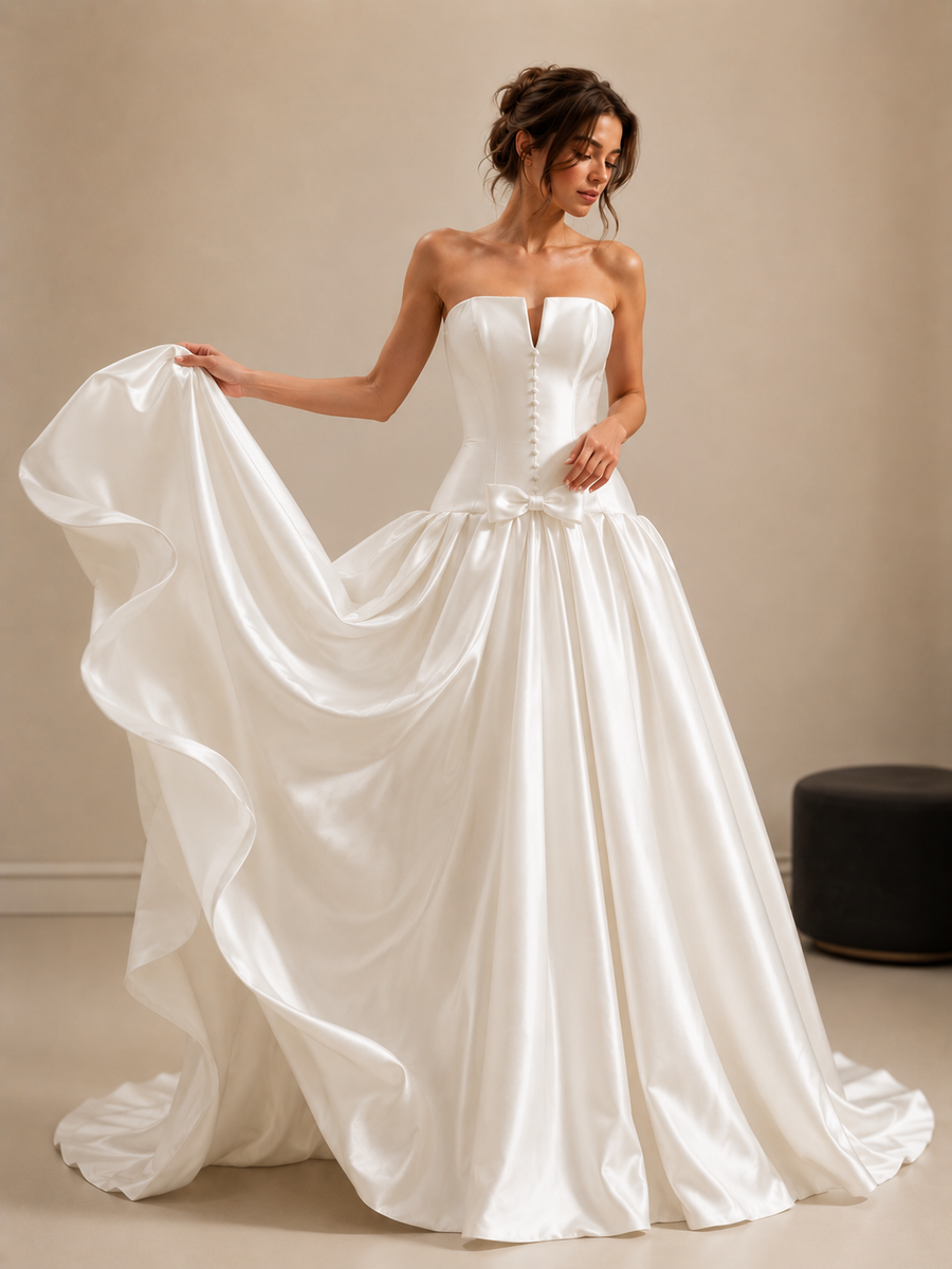 Ivory Sculpted Satin Bridal Gown - Elegant Back Train Corset Wedding Dress