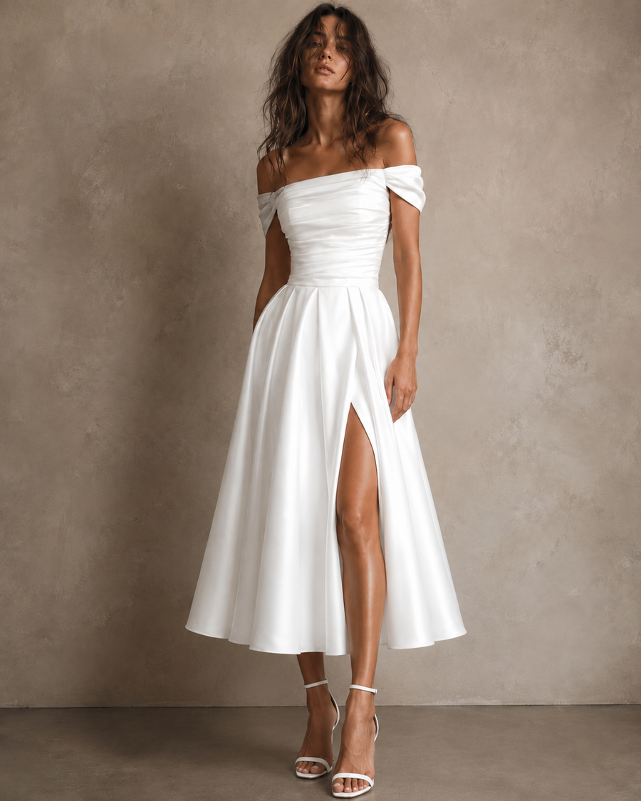 Off shoulder satin wedding guest dress with lace-up back and front slit